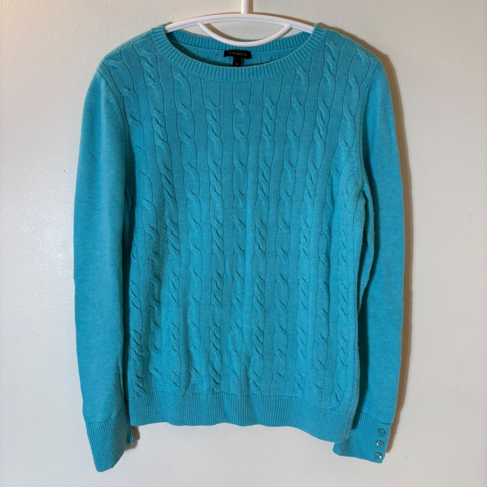 Talbots Turquoise Cable Knit Lambswool Blend Sweater Button‎ Cuff Size Medium